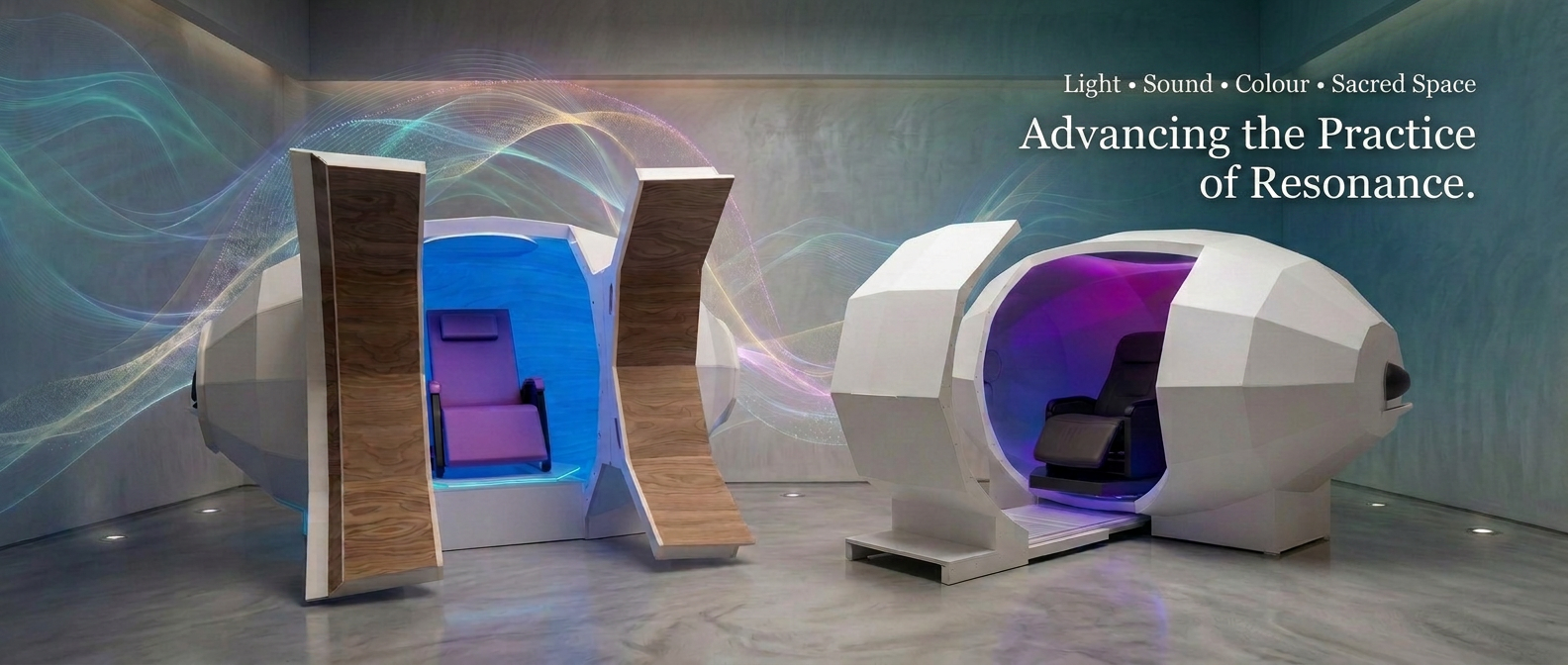 Two resonant chamber pods — one open with blue and purple interior lighting, one spherical — in a calm, modern wellness space, with the message: Light • Sound • Colour • Sacred Space / Advancing the Practice of Resonance.